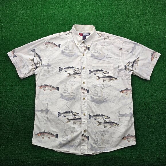 Reel Legends Shirt Mens Large White Button Up Short Sleeve Fish All Over‎ Print - Picture 1 of 9